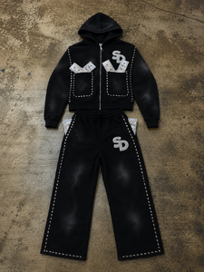 Custom Eco-Friendly Black Vintage Wash Zip <b>Hoodie</b> Jogger Set for Streetwear <b>Lightweight</b> Cotton Fleece Quick-Dry Breathable Logo - Product Image 3