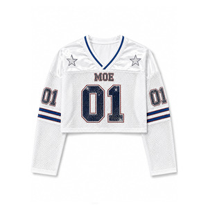 เสื้อเจอร์ซีย์อเมริกันฟุตบอลแขนยาวแบบขายส่ง ประดับคริสตัล พิมพ์ลายตามสั่ง ทรงโอเวอร์ไซส์ ครอปที สปอร์ต สไตล์ Y2K ลายดาว - Product Image 4