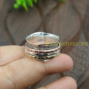 Anillo giratorio hecho a mano de plata de ley 925, latón y cobre, anillo de meditación, anillo giratorio antiestrés, joyería para la ansiedad, regalo para hombres. - Product Image 5