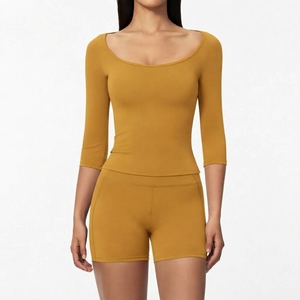 Women’s Slim Fit <b>Long</b> <b>Sleeve</b> <b>Top</b> and Shorts Set <b>Stretch</b> Activewear Fitness Training Yoga Workout Apparel Wholesale - Product Image 4