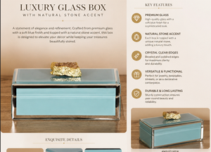 Light <b>Blue</b> Glass Jewelry Storage Box with Natural Stone Accent Gold Detail Beveled Edges and Soft Finish - Product Image 4