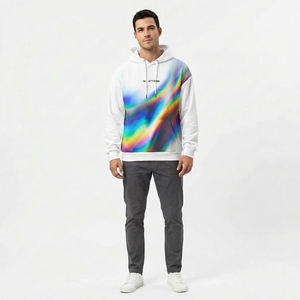 Sweat-shirt à capuche blanc pour homme avec imprimé graphique abstrait multicolore, poche kangourou, streetwear - Product Image 1