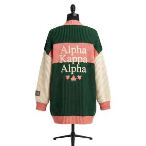 Cárdigan de Invierno para Mujer, Color Verde y Rosa, con Bloques de Color, Tejido, Bordado, con Botones al Frente, Manga Larga, Diseño Gráfico, Informal, a la Moda - Product Image 3
