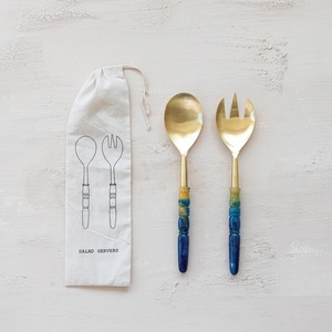 Elegante Juego de Servidores de Ensalada de Acero Inoxidable con Mangos de Resina Marmoleada, Impresionante Combinación Verde y Blanca, Ecológico - Product Image 2