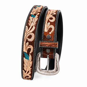 Men's Genuine <b>Leather</b> <b>Tooled</b> Western Belt Decorative Floral Pattern Belt for Casual Wear - Product Image 2
