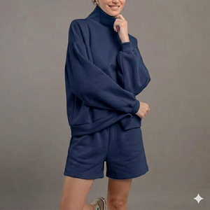 Stylish Mock Neck Top With Shorts <b>Set</b> Women Warm Cozy Comfortable Relaxed Fit Daily Wear Modern Clothing Collection - Product Image 1