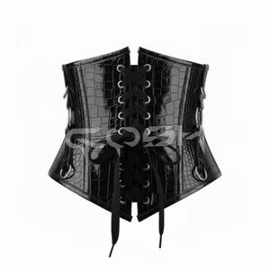 Corsé de PVC negro con estampado de cocodrilo, con varillas de acero, cierre frontal y correas con anillas en O. - Product Image 4