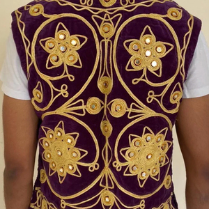 <b>Men's</b> Winter Vintage <b>Purple</b> Velour Embroidered <b>Waistcoat</b> Stand Collar Open Front Gold Embroidery Suits - Product Image 2