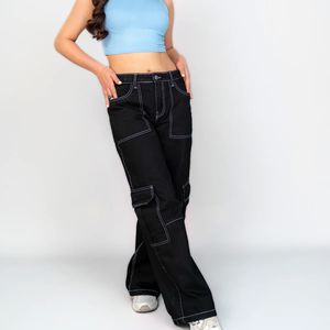 Jean cargo en denim respirant de haute qualité pour femme, coupe droite, jambe large, taille haute, avec poches - Product Image 1