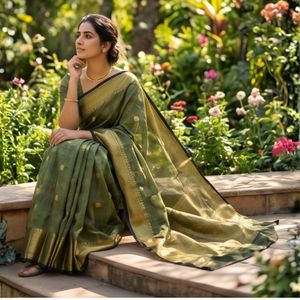Sari Verde Sinfonía con Estampado Floral, Estilo de Vestido Pakistaní de Seda Banarasi, Modelo Banarasi Lehenga, Salwar Kameez Indio - Product Image 5