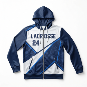 Sweat à capuche zippé de lacrosse pour homme, bleu et blanc, imprimé par sublimation, coupe sportive régulière, respirant, idéal pour le printemps - Product Image 1