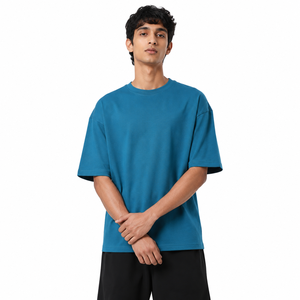 เสื้อยืดผู้ชายโอเวอร์ไซส์ผ้าฝ้ายเจอร์ซีย์สีพื้น แขนสั้น คอกลม ทรงลำลอง สีน้ำเงิน - Product Image 1