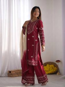 Designer Indian Ethnic Suit Set with Farshi Pant | Rayon Cotton <b>Kurti</b> with Heavy Georgette Dupatta for Women - Product Image 4