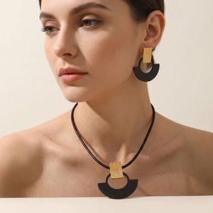 Matte Black Geometric Fan Jewelry Set 316L Stainless Steel Necklace Earrings - Product Image 1
