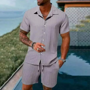 Ensemble de vêtements pour homme en deux pièces de couleur unie, chemise à manches courtes et short, ensemble en lin de 2 pièces, tendance été - Product Image 4