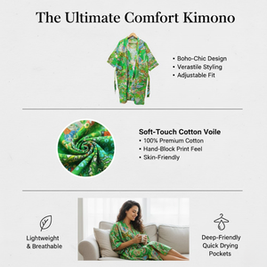 Kimono Boho de Algodón con Estampado Floral Verde |   Bata de dormir de manga larga con cuello en V para mujer |   Bata de Alta Calidad Hecha a Mano con Estampado Exclusivo - Product Image 4