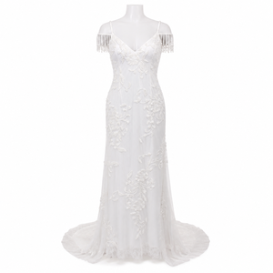 Luxury White Modern Draped Floral Embroidered Bridal A-Line Gown Elegant V Neck Wedding Dress Premium Lace Evening Reception - Product Image 1