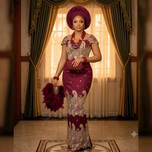 Vestido de Encaje Verde Azulado Mediano SRT George con Gele |   Traje de Lujo para Fiesta de Boda Nigeriana Aso Ebi - Product Image 2