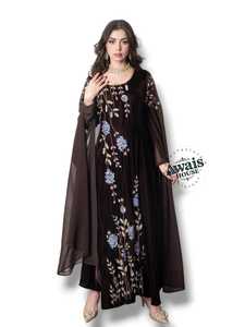 Elegant Brown Floral Embroidered Abaya Long Sleeve Floor Length Round Neck Women's Evening Party Wear Rayon Loose Fit - Product Image 2