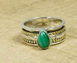 Green Malachite Gemstone <b>Spinner</b> <b>Ring</b> Pure 925 Sterling Silver Pear Cut Meditation Stress Relief <b>Ring</b> Custom Handmade Jewelry - Product Image 2