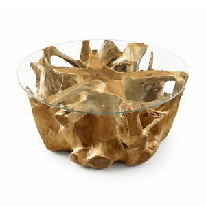 Mesa de Centro de Raíz de Teca Natural con Tapa de Vidrio Templado, Madera de Teca Sólida, Estilo Rústico de Lujo, Mesa de Centro Única para Sala de Estar - Product Image 2