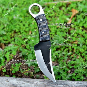 Couteau de chasse à lame fixe de haute qualité avec trou pour le pouce, lame tranchante comme un rasoir, manche en bois de Pakka sculpté noir, étui en cuir - Product Image 6
