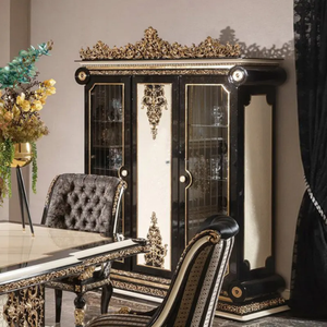 Juego de Comedor de Lujo Estilo Barroco en Caoba con Detalles en Dorado y Negro, Juego de Mesa de Comedor Rectangular Clásico en Negro para Hotel o Villa - Product Image 3