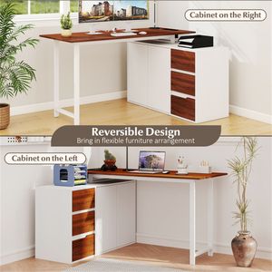 Scrivania a L Reversibile Bianca per Ufficio Domestico con Cassetti e Armadietto Portadocumenti, Stazione di Ricarica Integrata - Product Image 4
