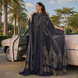 Floral Printed Cotton <b>Cape</b> Dress Set <b>Women</b> Elegant Ethnic Partywear Designer Longline Outfit Islamic Embroidery Quick One Set - Product Image 5