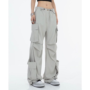 Custom Logo Women's <b>White</b> Contrast Stitch Wide Leg Cargo Pants - Oversized Baggy Casual <b>Trousers</b> with Utility Pocket, Streetwear - Product Image 3