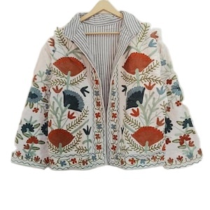 <b>White</b> Suzani Velvet Short <b>Jacket</b> |Winter Coat Ethnic Bohemian Outerwear Winter Kimono <b>Jacket</b> Gift Traditional Embroidery <b>Jacket</b> - Product Image 3