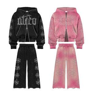 Conjunto Deportivo de Algodón Grueso Lavado Estilo Vintage para Hombre, Sudadera con Capucha y Pantalones Holgados con Logotipo Personalizado y Pedrería, Ropa Urbana - Product Image 1