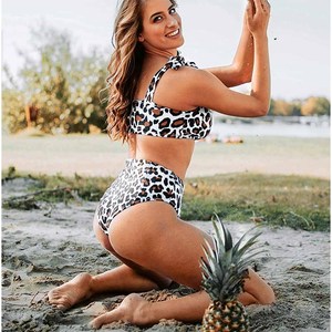 High Quality Leopard Print Bikini <b>Set</b> <b>Square</b> Neck High Waist Two Piece Swimwear Bandeau Top With Tie Shoulder - Product Image 4