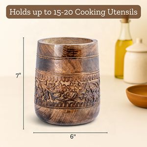 Porte-ustensiles en bois sculpté à la main pour la cuisine, style floral rustique, pot à ustensiles, organisateur de spatules de ferme, vente en gros personnalisée - Product Image 3