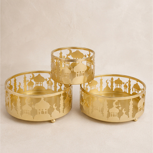 Factory Wholesale 3Pcs Gold Metal Ramadan Serving <b>Trays</b> Set Hollow Out Mosque Laser Cut Eid Mubarak Food <b>Storage</b> Container - Product Image 1