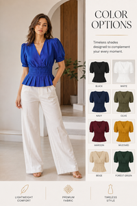 เสื้อผู้หญิงผ้าลินิน/ผ้าฝ้ายทรงเปปลัมสำหรับฤดูร้อน ดีไซน์เนอร์สีน้ำเงิน คอวี แขนพอง เอวยางยืด ระบายอากาศได้ดี สวมใส่สบาย - Product Image 6