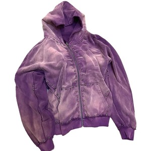 Custom Oversized Baggy Hoodie for Men Sun Faded Streetwear with Acid Wash Vintage Rivet Rhinestone <b>Zip</b> Drop Shoulder for Winter - Product Image 2