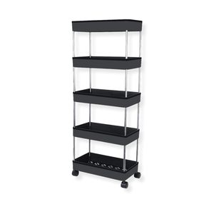 Chariot de rangement multifonctionnel pliable noir à 4 niveaux en ABS, léger, avec roulettes, finition peinture laquée, pour salon et utilisation générale - Product Image 1