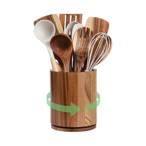 Premium Acacia Wood <b>Kitchen</b> Utensils 360 Rotating Holder Wood <b>Kitchen</b> Organizer <b>Caddy</b> Rotating Lazy Susan Utensil Holder - Product Image 1