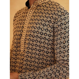 Men's Traditional Cotton Kurta With Geometric Print <b>Ankle</b>-Length Regular Fit For Casual Wear India Pakistan Style - Product Image 3