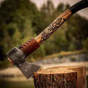 Custom Handmade High Quality Perfect <b>Axe</b> <b>Camping</b> & Hunting Gift Sheath Hand Forge Carbon Steel Viking <b>Axe</b> with Carved Handle - Product Image 3