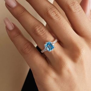 <b>Emerald</b> Cut 3 Carat Blue Topaz 925 Sterling <b>Silver</b> 14K Gold Plated Luxury Women Wedding Engagement <b>Ring</b> - Product Image 2