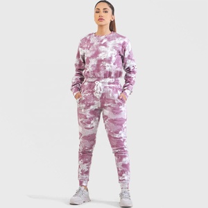 Ensemble de survêtement tie-dye pour femme, manches longues, col rond, pantalon à cordon de serrage, tenue décontractée d'automne, 100% coton, couleur dégradée, jogging - Product Image 1