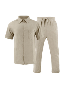 Conjunto de 2 Piezas de Ropa Informal de Lino Sólido para Hombre, Camisa de Manga Larga con Botones y Pantalones, Estilo Casual para Primavera - Product Image 2
