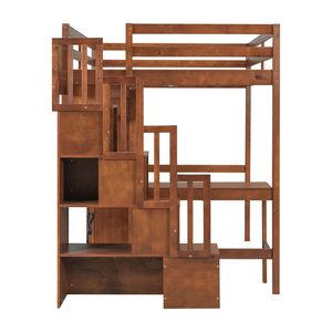 Letto a soppalco a grandezza naturale con scrivania in legno, librerie, armadio e cassetti, scala integrata e spazio contenitore per bambini - Product Image 5