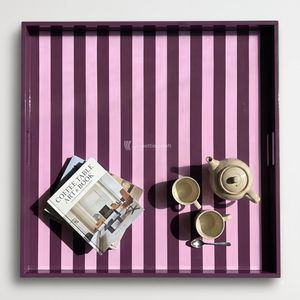 ถาดไม้ลายทางสีชมพูสำหรับเสิร์ฟ ของตกแต่งโต๊ะน้ำชา กาแฟ รูปทรงสี่เหลี่ยมผืนผ้า สินค้ามาแรงจากเวียดนาม - Product Image 2