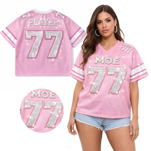 T-shirts courts personnalisés roses en maille avec strass pour femmes, maillots de football américain style équipe avec numéro personnalisé et paillettes, OEM, marque privée, vente en gros - Product Image 1