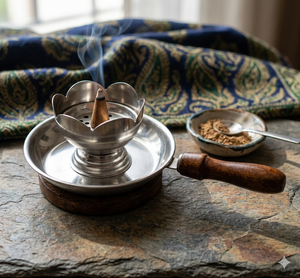 Stainless Steel Incense Bakhoor <b>Burner</b> with wood base and Handle for giveaway Gifts for Ramadan and Eid From India - Product Image 1