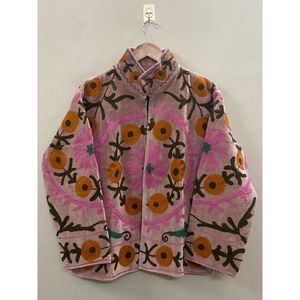 Hand Embroidered Knitted Velvet Cotton <b>Jacket</b> Women Mandarin Collar Full Sleeve Autumn Winter Bohemian Eye Pattern Eco-Friendly - Product Image 1