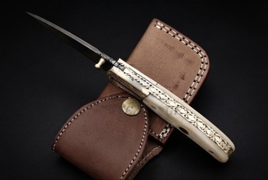 Couteau pliant artisanal PERKIN STEEL INDUSTRIES en acier Damas pour la chasse, avec étui en cuir OEM, pour le camping et la survie - Product Image 3